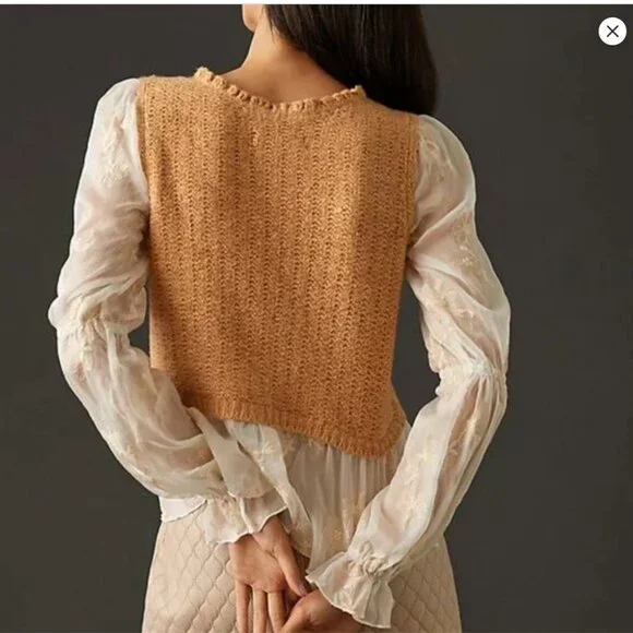 Anthropologie Layered Sweater Vest Blouse Tan White Sheer Floral Women's Medium - Picture 2 of 16